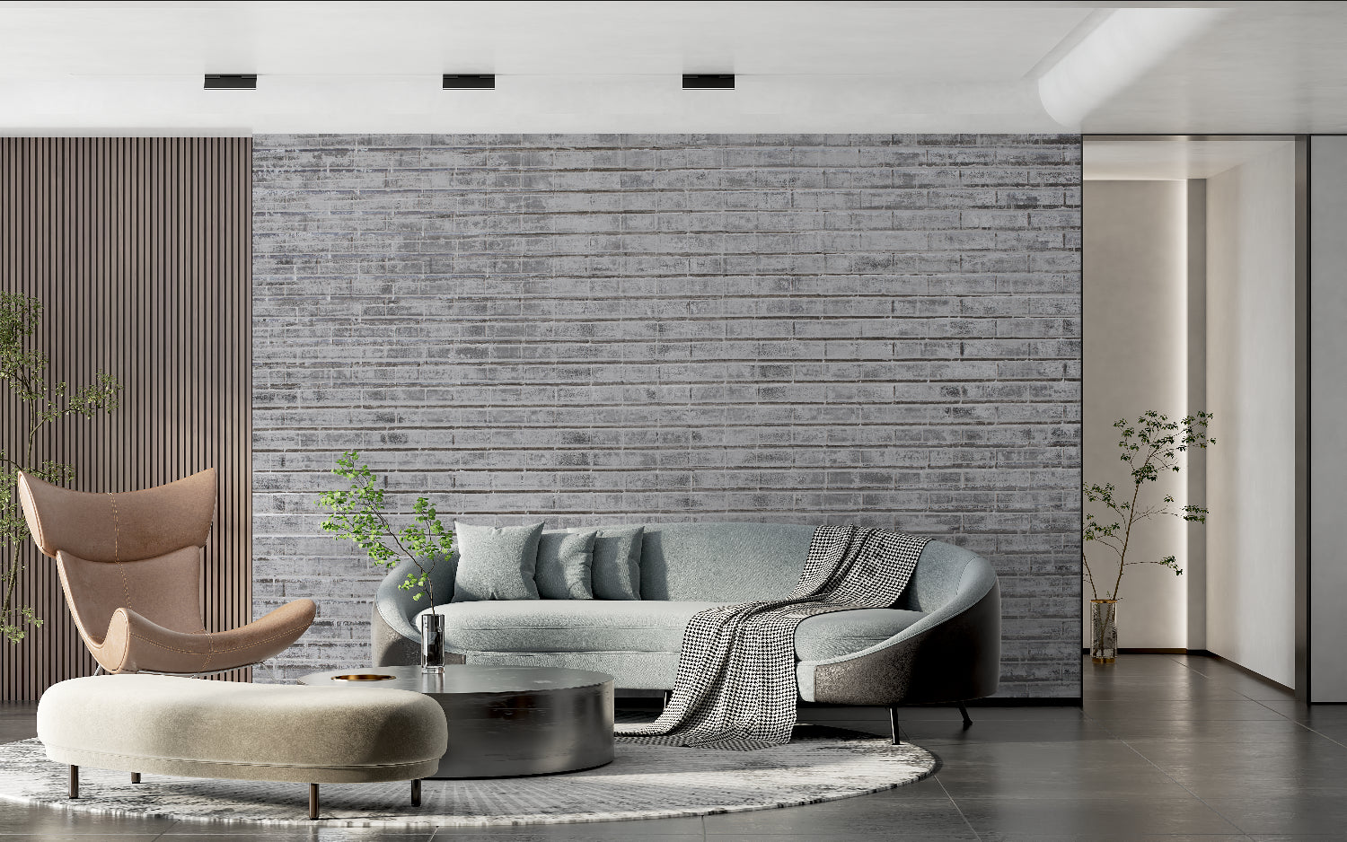 Modern grey brick wallpaper in contemporary living room showing industrial style and texture