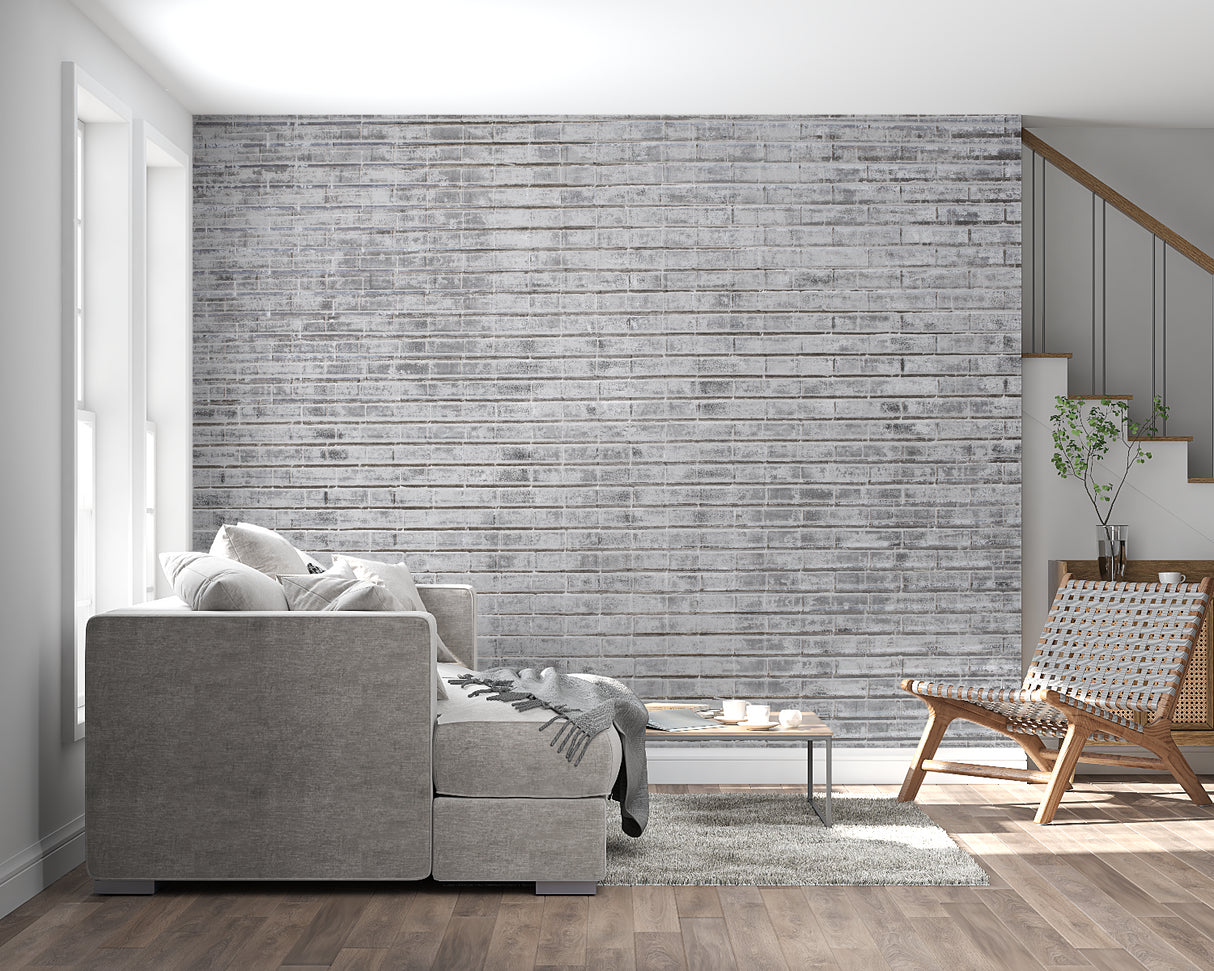 Grey brick wall mural in minimalist office space creating urban atmosphere