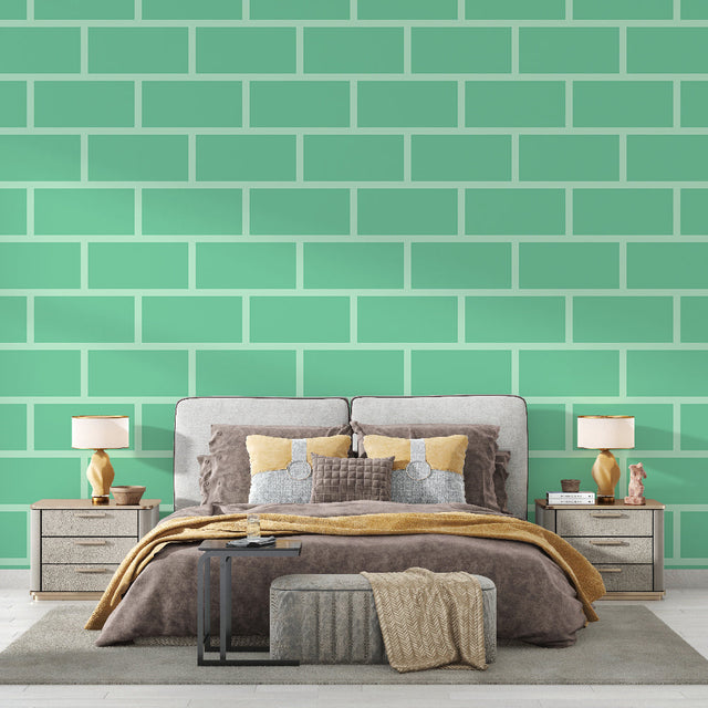 Modern mint green brick wallpaper in a bright living room setting, creating a fresh and open atmosphere