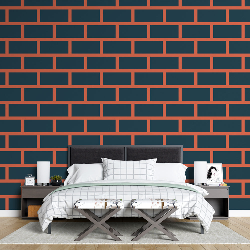 Modern brick pattern wallpaper in navy and terracotta creating depth in a bright living room setting