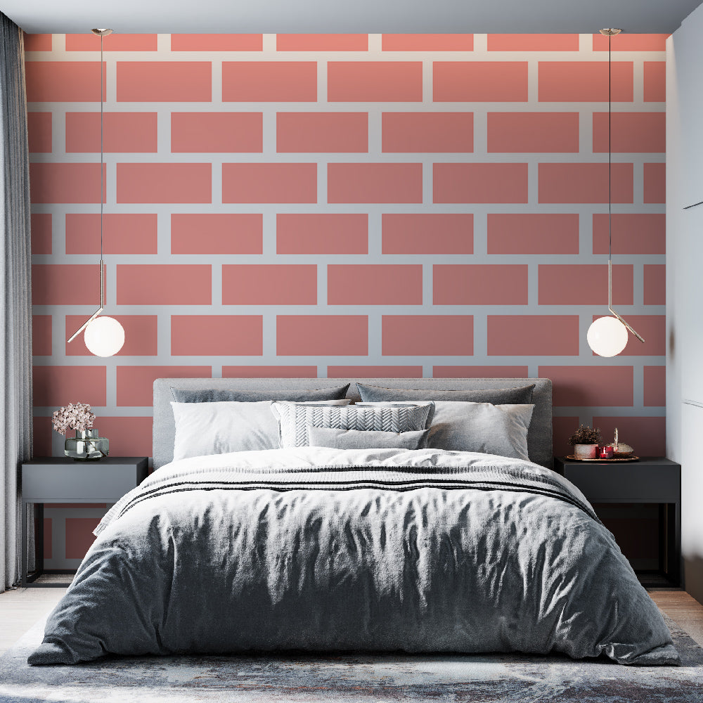 Modern pink brick pattern wallpaper creating depth in a bright contemporary living room with minimalist furniture