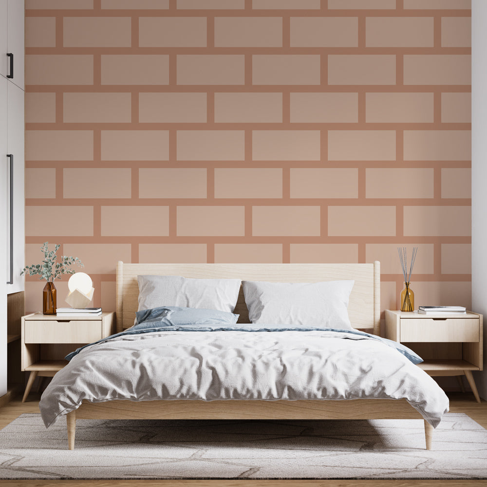 Modern terracotta brick wallpaper creating a cozy atmosphere in a minimalist living room with natural light