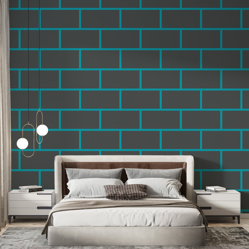 Modern brick wallpaper with turquoise grid pattern showcased in a bright contemporary living room setting