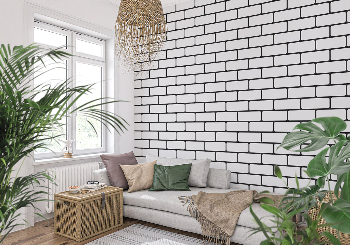 Modern black and white brick wallpaper in a bright contemporary living room with minimalist furniture