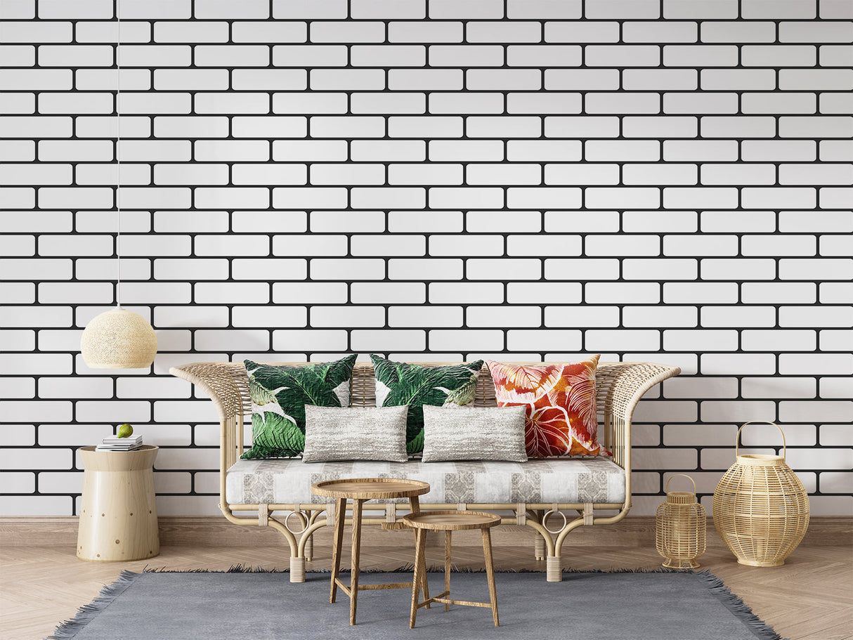 Geometric brick pattern mural creating depth in a modern home office space