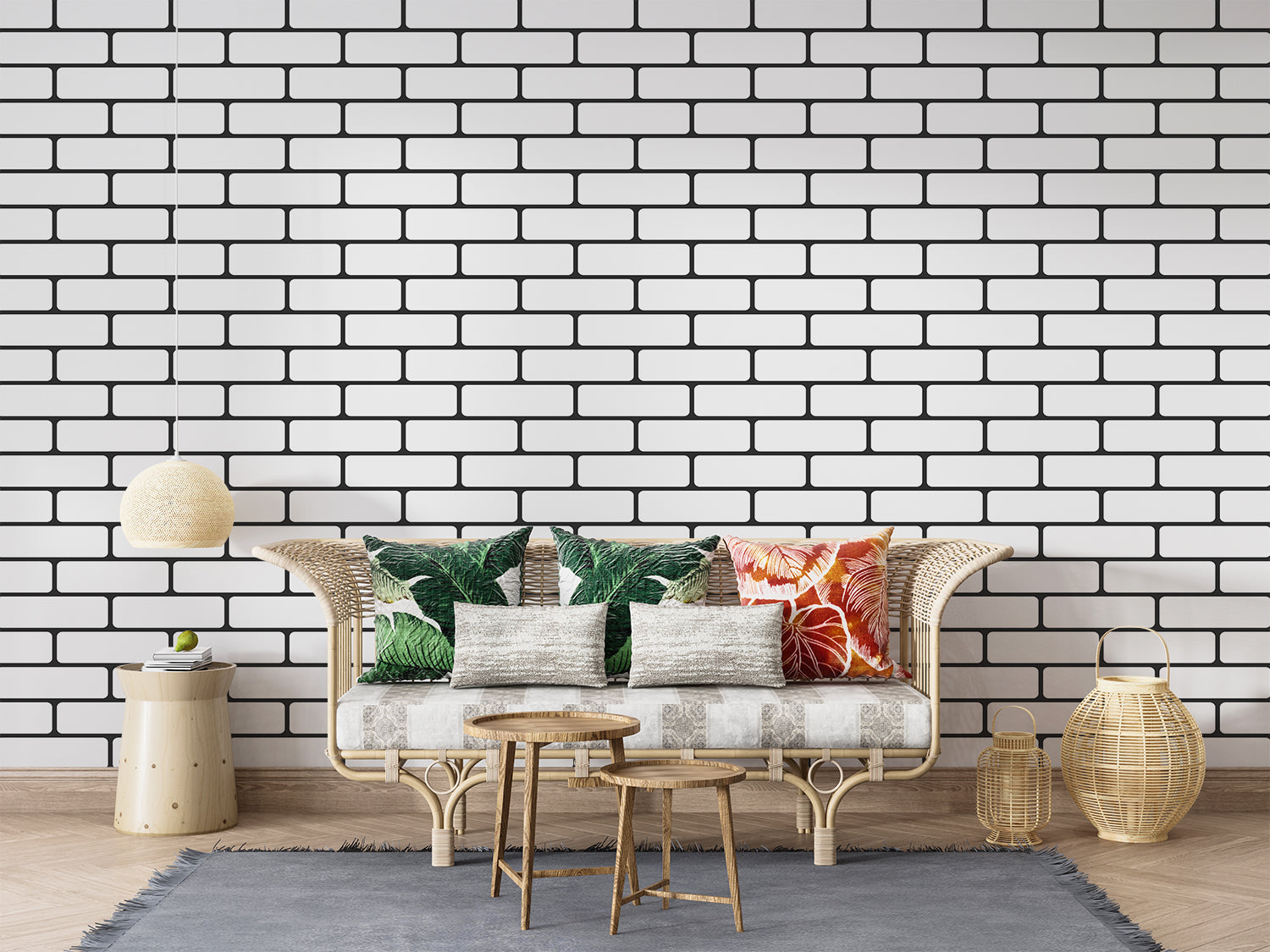 Geometric brick pattern mural creating depth in a modern home office space