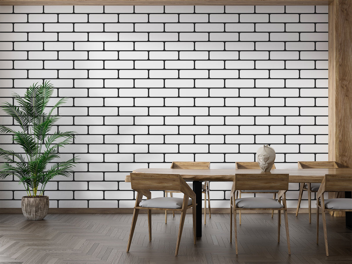 Black and white brick wallpaper adding urban style to an industrial dining room