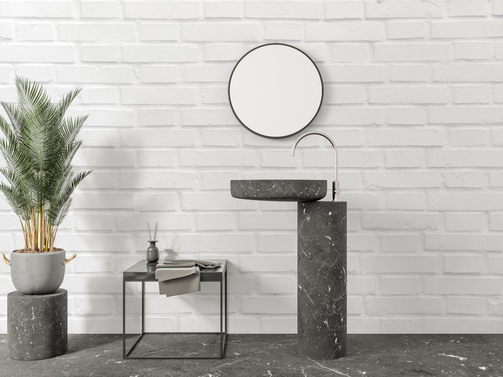 Architectural white brick wallpaper bringing depth to a modern home office space