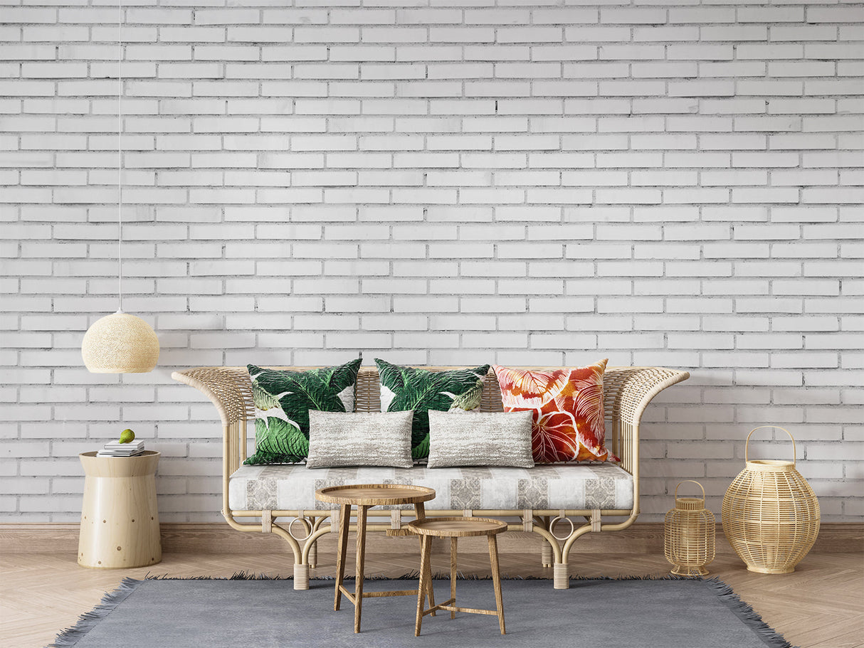 Industrial white brick wall mural creating depth in a modern kitchen space