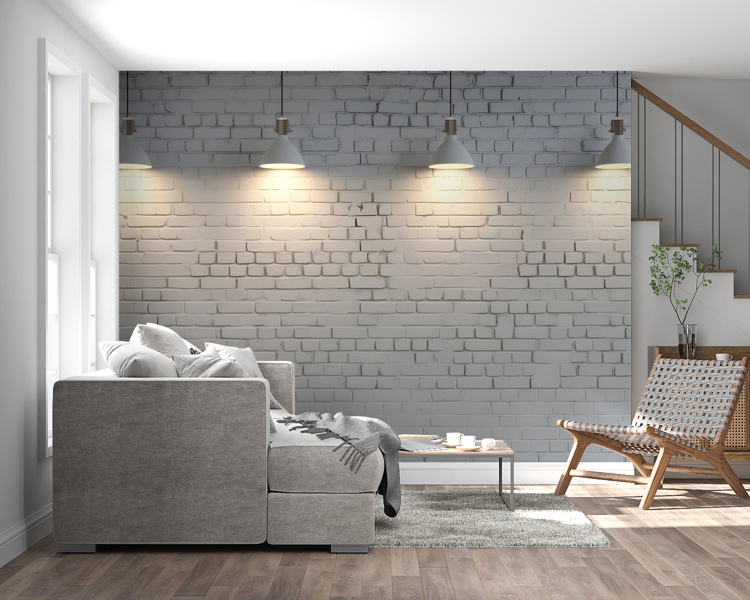 White brick wallpaper in modern minimalist living room showing industrial style and clean lines