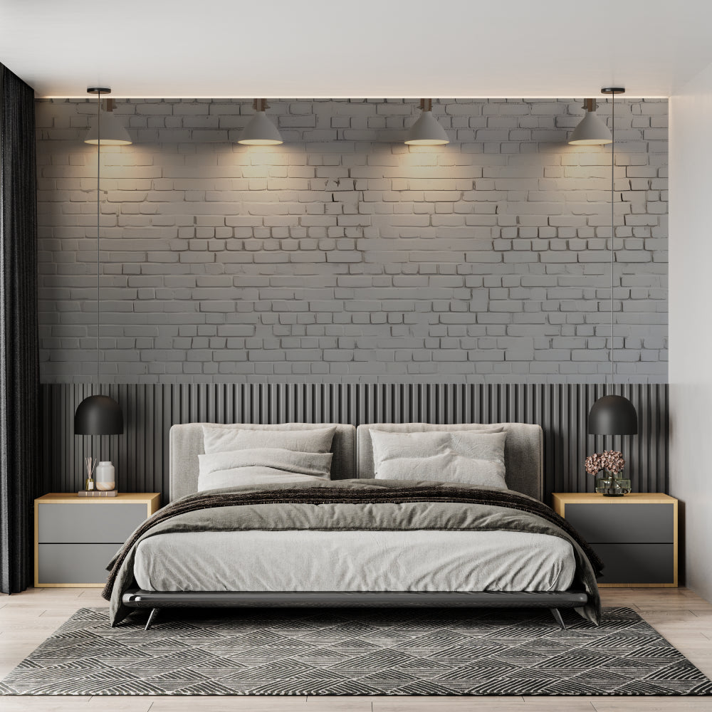 Industrial brick mural creating depth in contemporary kitchen space