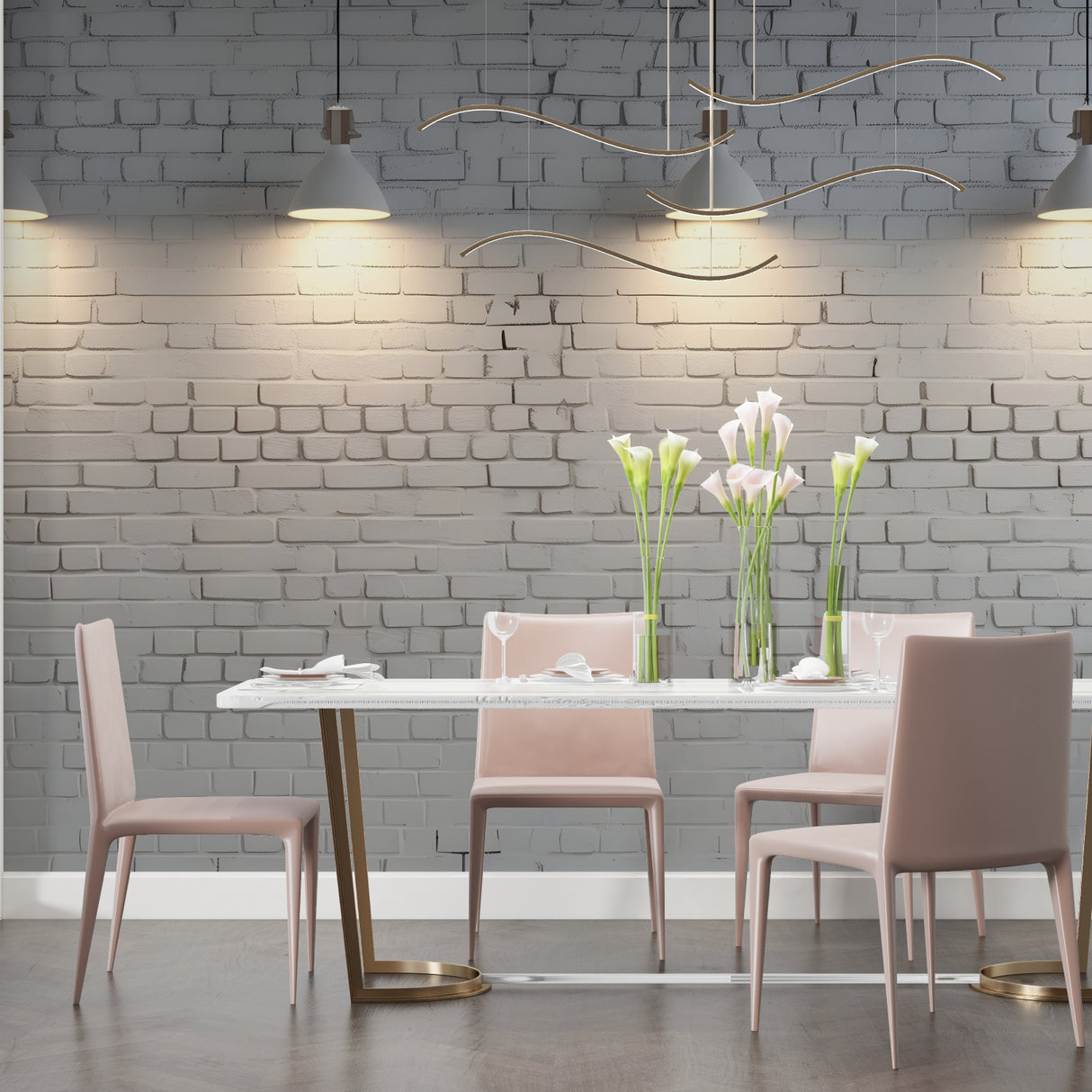 White brick wall mural in bedroom highlighting architectural features