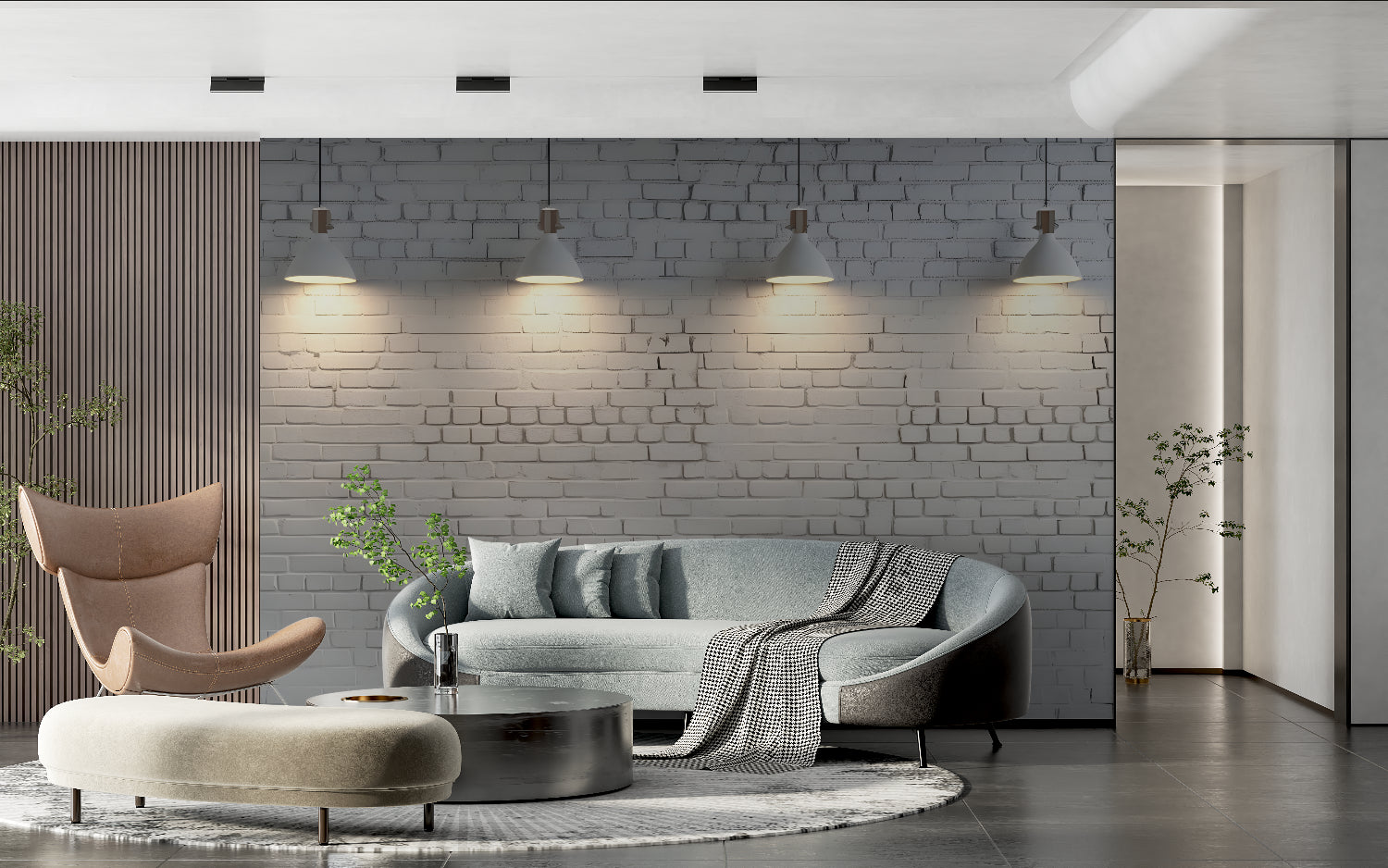 Industrial brick mural creating statement wall in dining room
