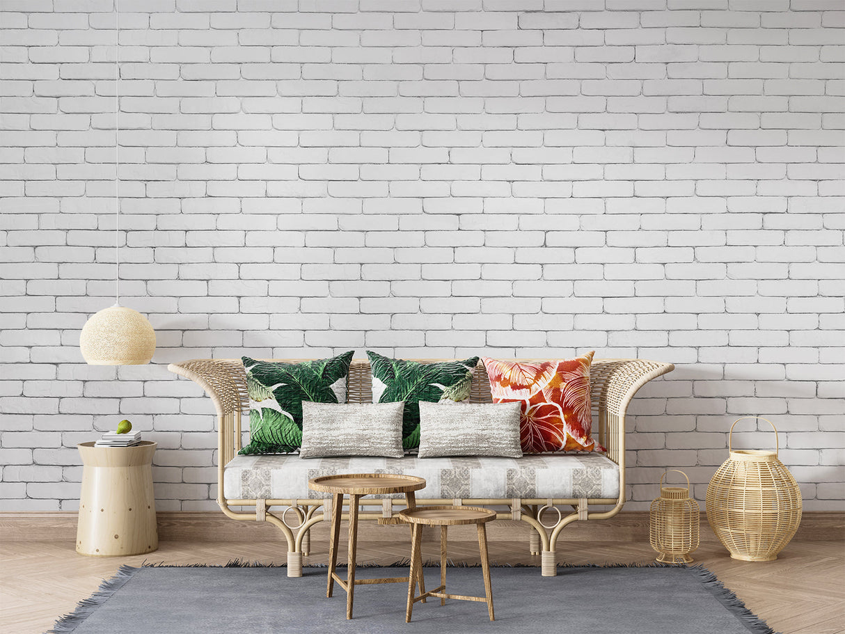 Modern white brick wall mural in minimalist dining room setting