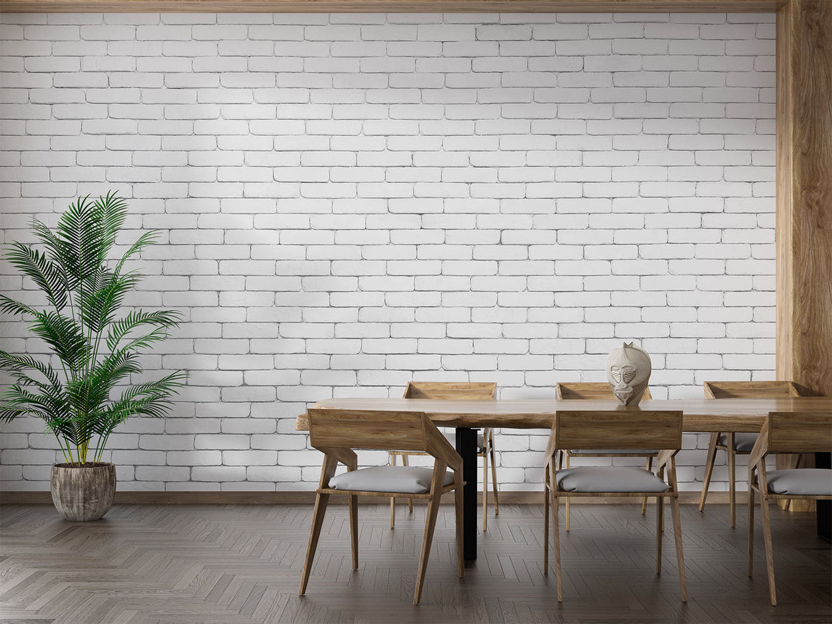 White brick pattern wallpaper in bright home office space