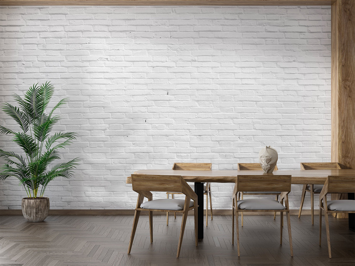 White brick wall mural in a stylish home office with black accents