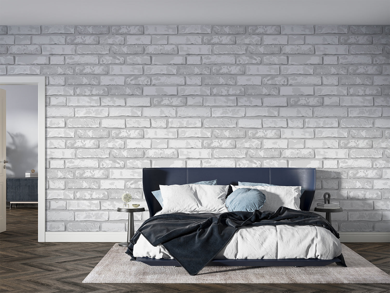 White brick mural wallpaper in modern living room showing natural stone texture and clean lines