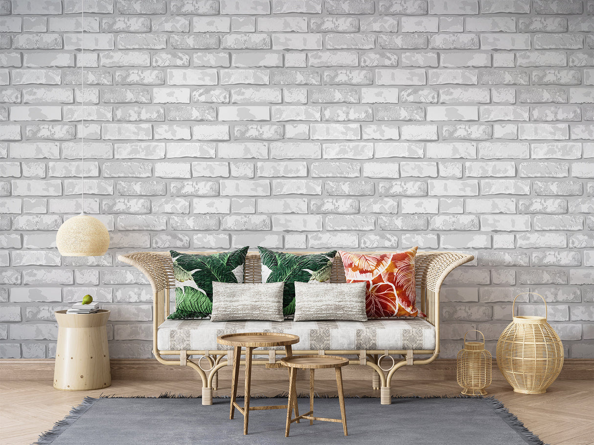 Stone effect wallpaper creating bright atmosphere in minimalist dining room