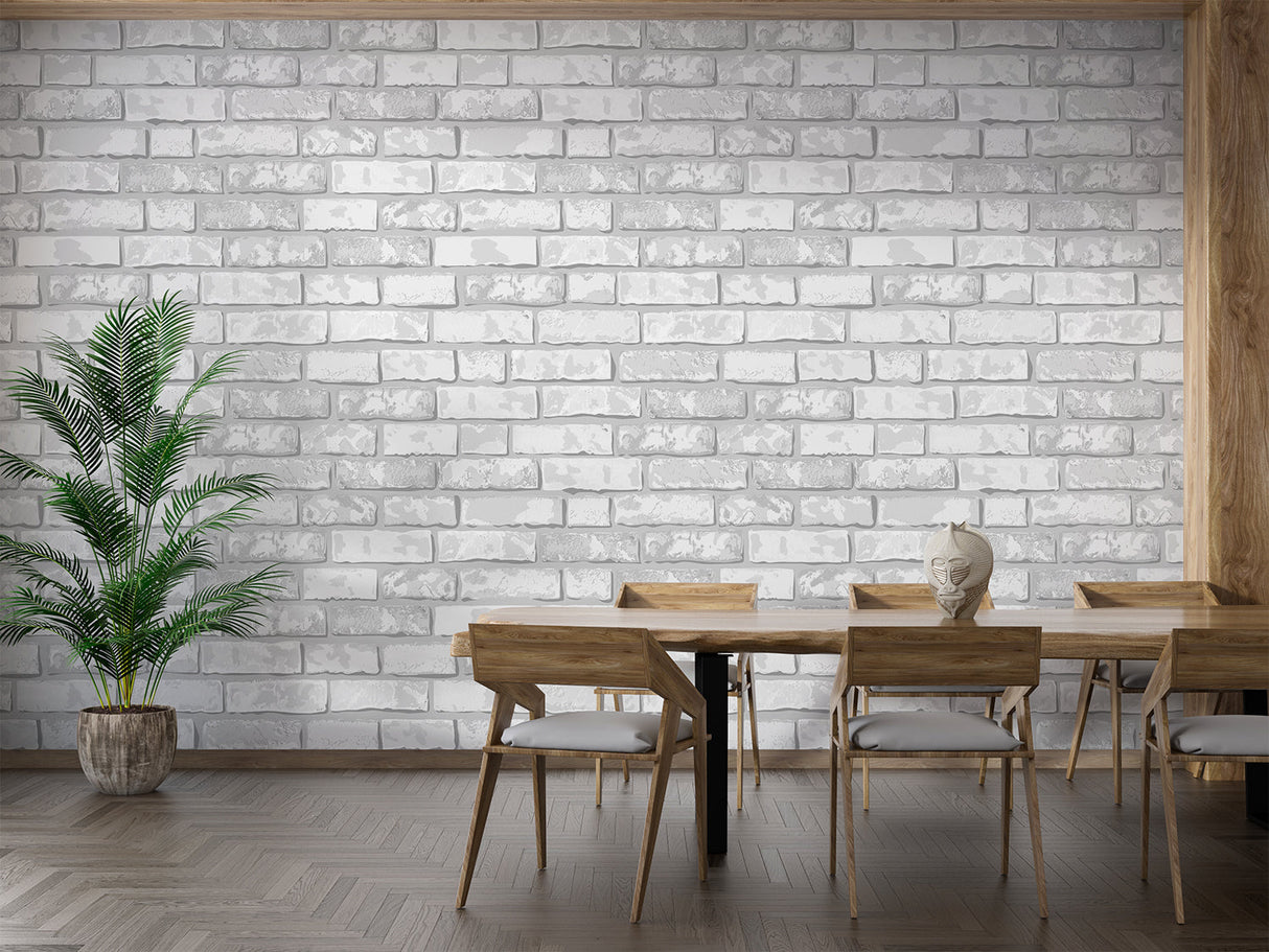 Modern white brick wallpaper installation in contemporary kitchen space