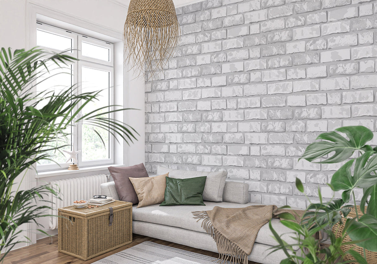 White brick effect wallpaper showcased in bedroom setting
