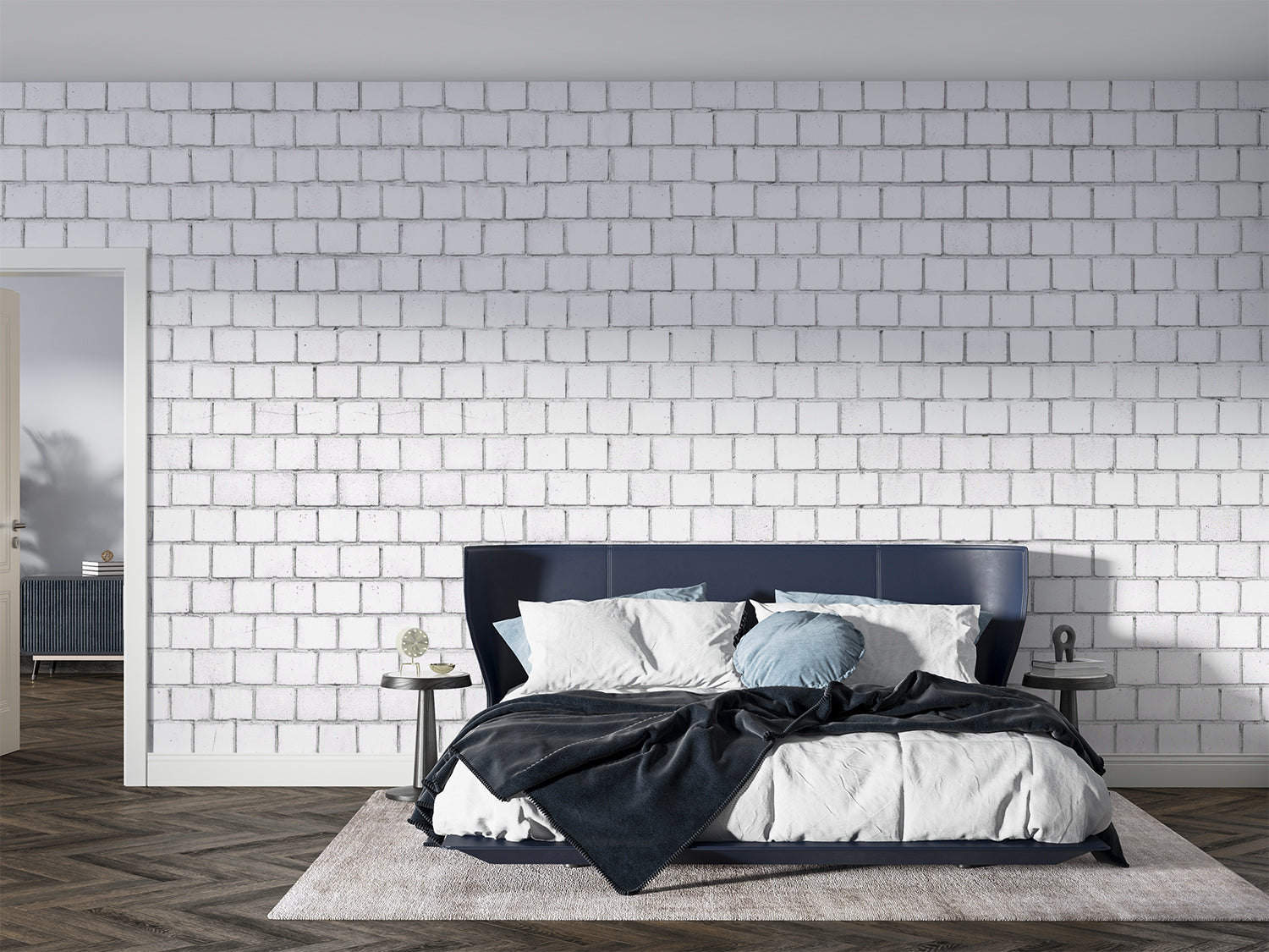 Home office space with modern white brick wall mural creating professional backdrop