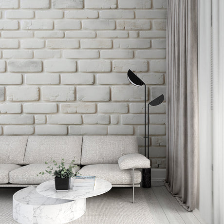 Modern white brick wallpaper creating a bright, airy atmosphere in a contemporary living room setting