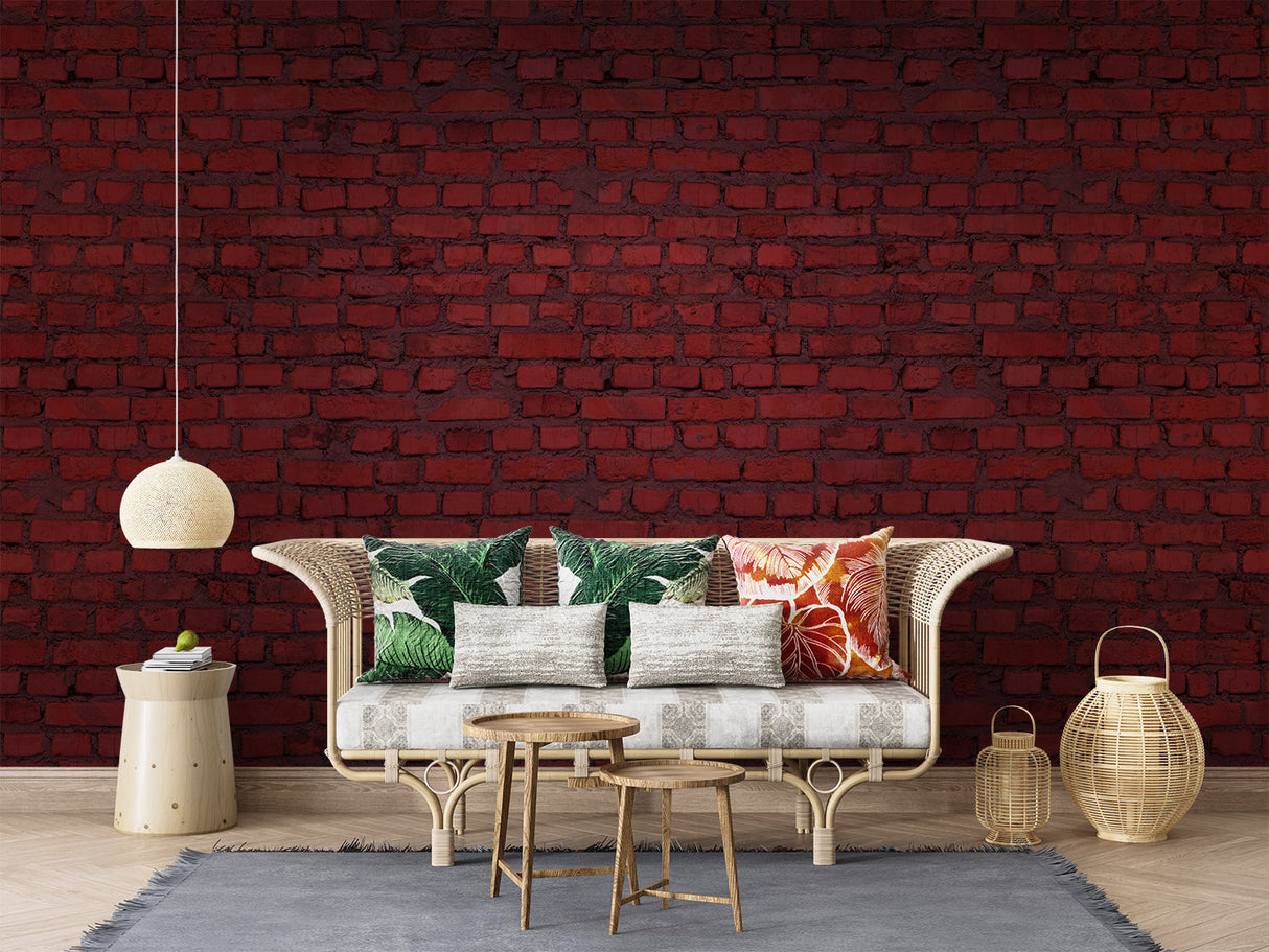 Industrial brick wall mural adding warmth to minimalist dining space