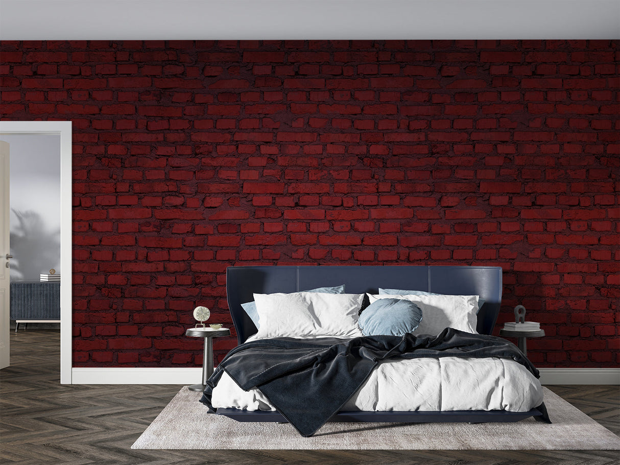 Red brick texture wallpaper installation in contemporary home office