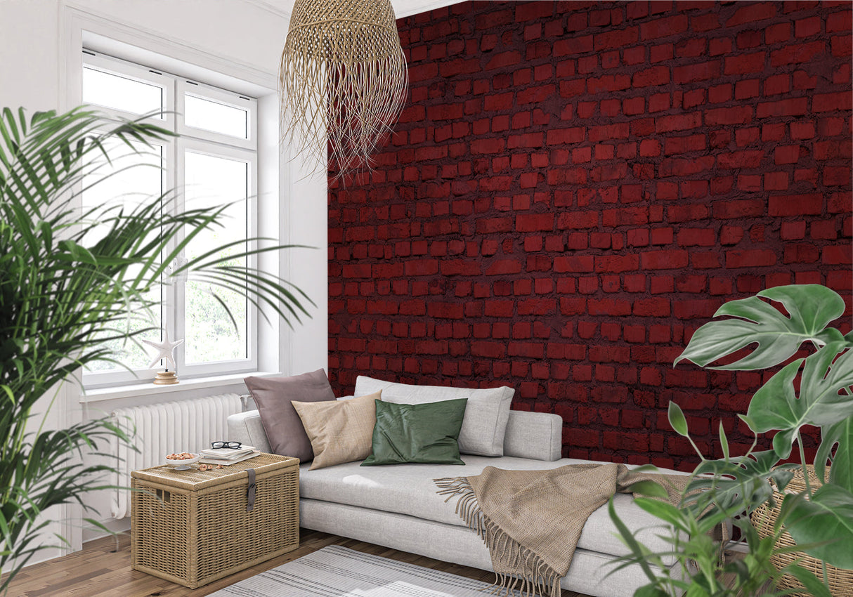 Textured brick mural creating statement wall in industrial kitchen space