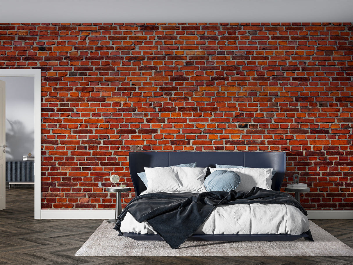 Industrial brick mural wallpaper transforming a kitchen space with stainless steel appliances