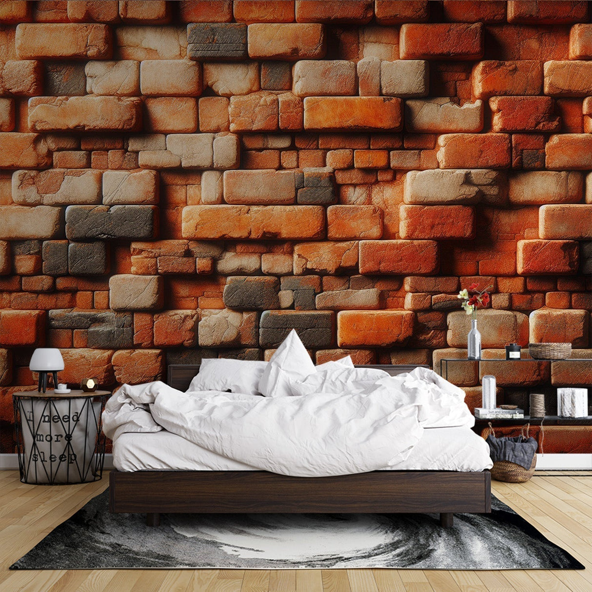 Brick wall mural in modern living room showing textured terracotta and charcoal tones creating depth and warmth