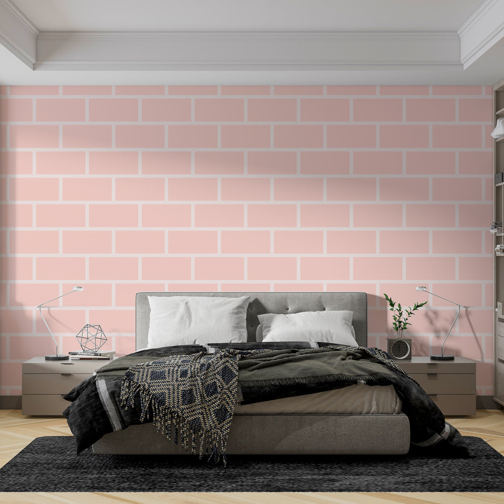 Modern pink brick pattern wallpaper creating a cozy atmosphere in a bright living room with minimal furniture