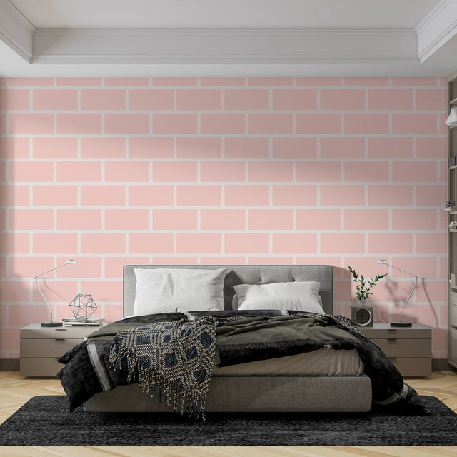 Modern pink brick pattern wallpaper creating a cozy atmosphere in a bright living room with minimal furniture