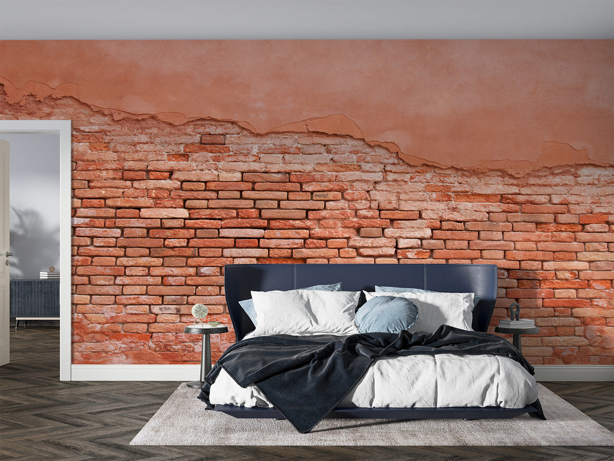 Brick wallpaper mural in modern living room showing terracotta tones and industrial charm