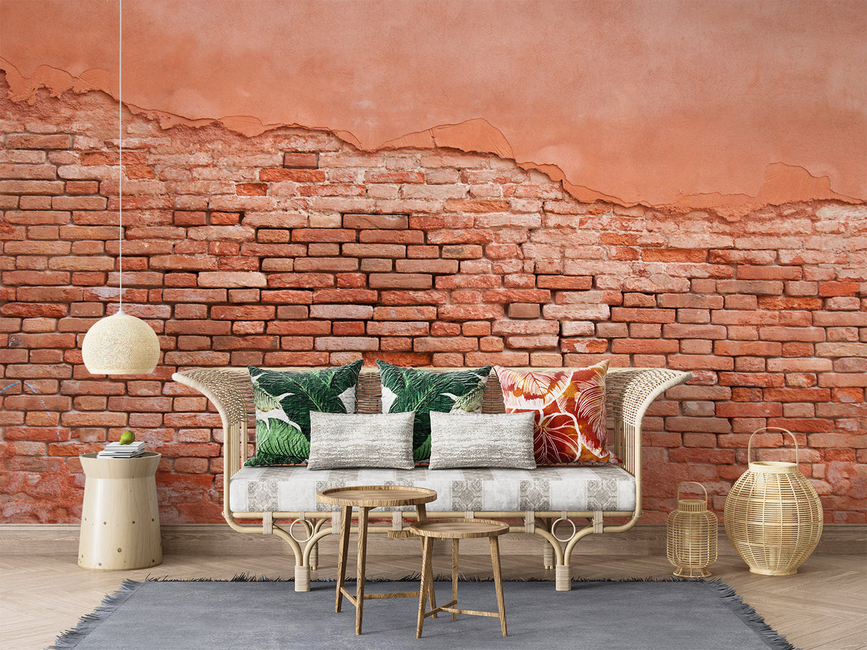 Industrial brick wall mural in cozy bedroom with natural lighting