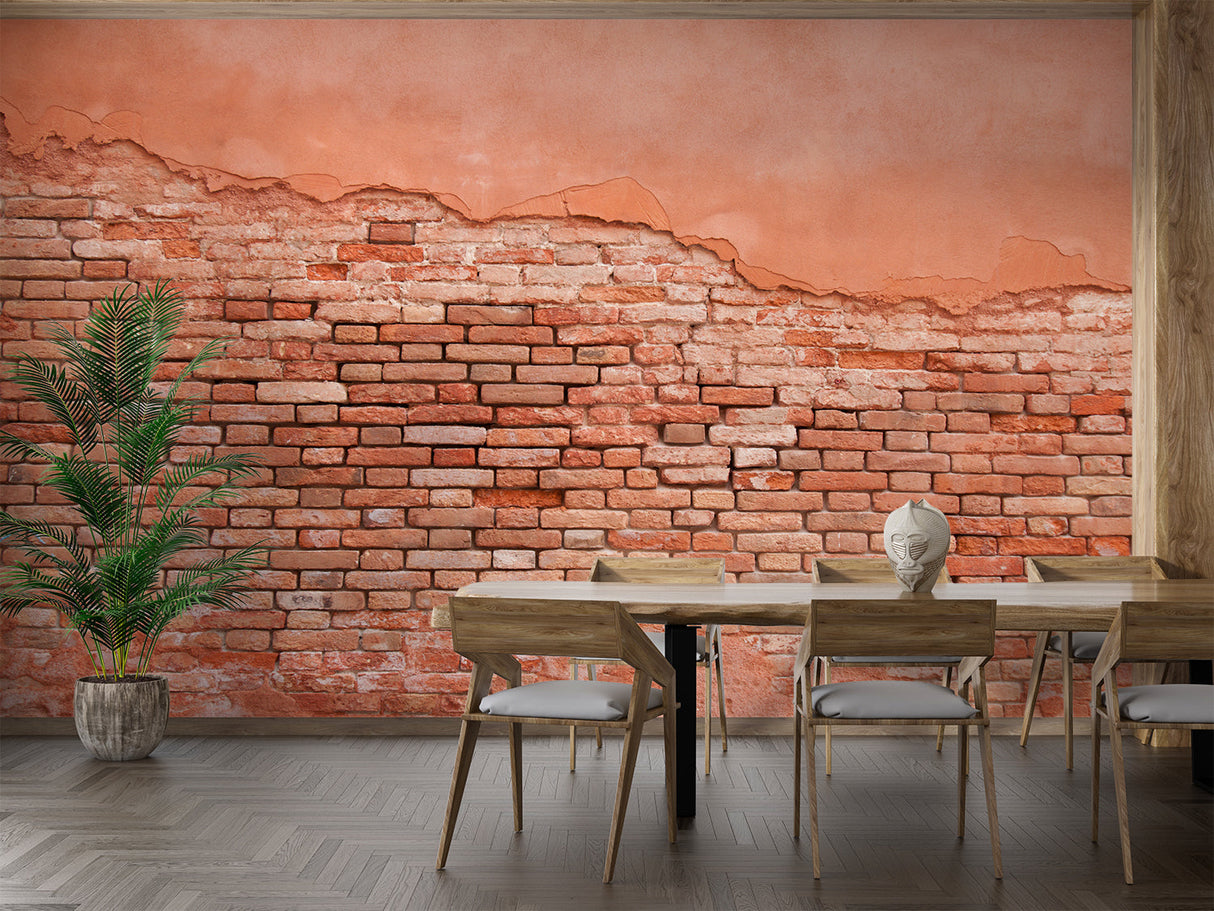 Terracotta brick wallpaper creating statement wall in dining room
