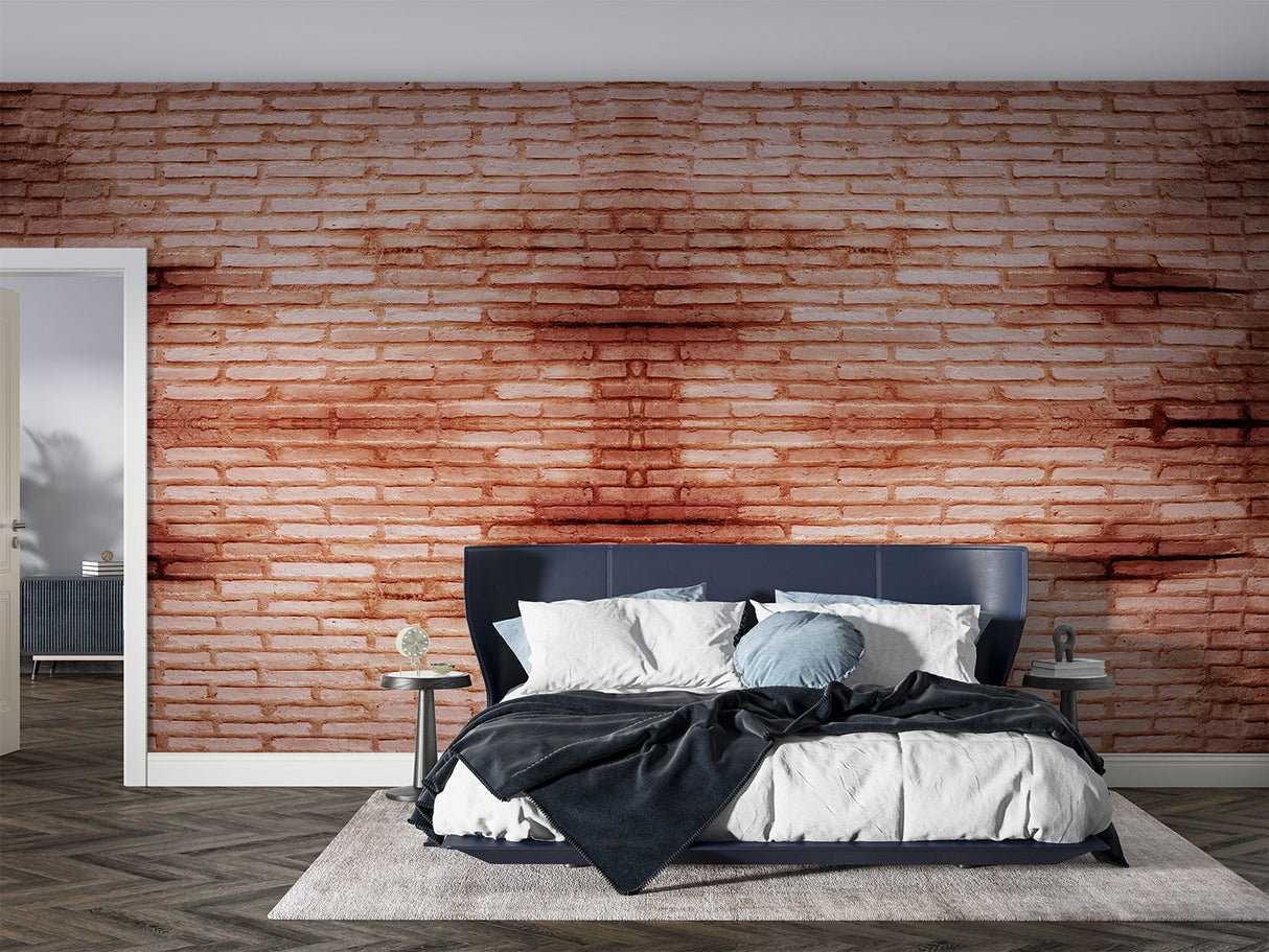 Industrial brick wallpaper creating statement wall in contemporary dining room