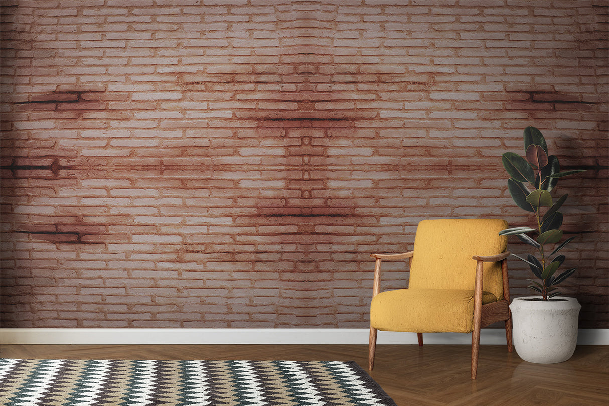 Terracotta brick wall mural adding warmth to minimalist bedroom setting