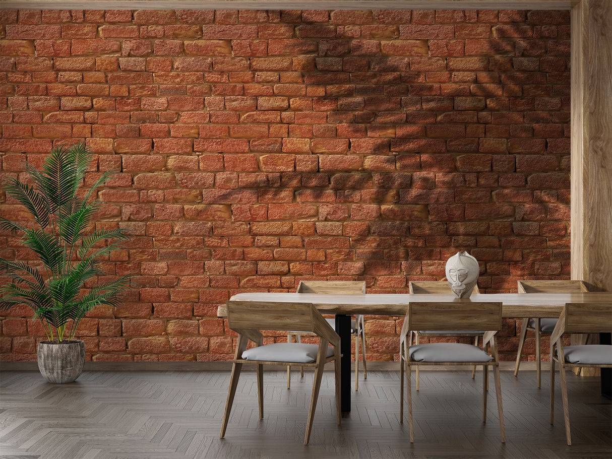 Terracotta brick wallpaper adding warmth to a minimalist dining space