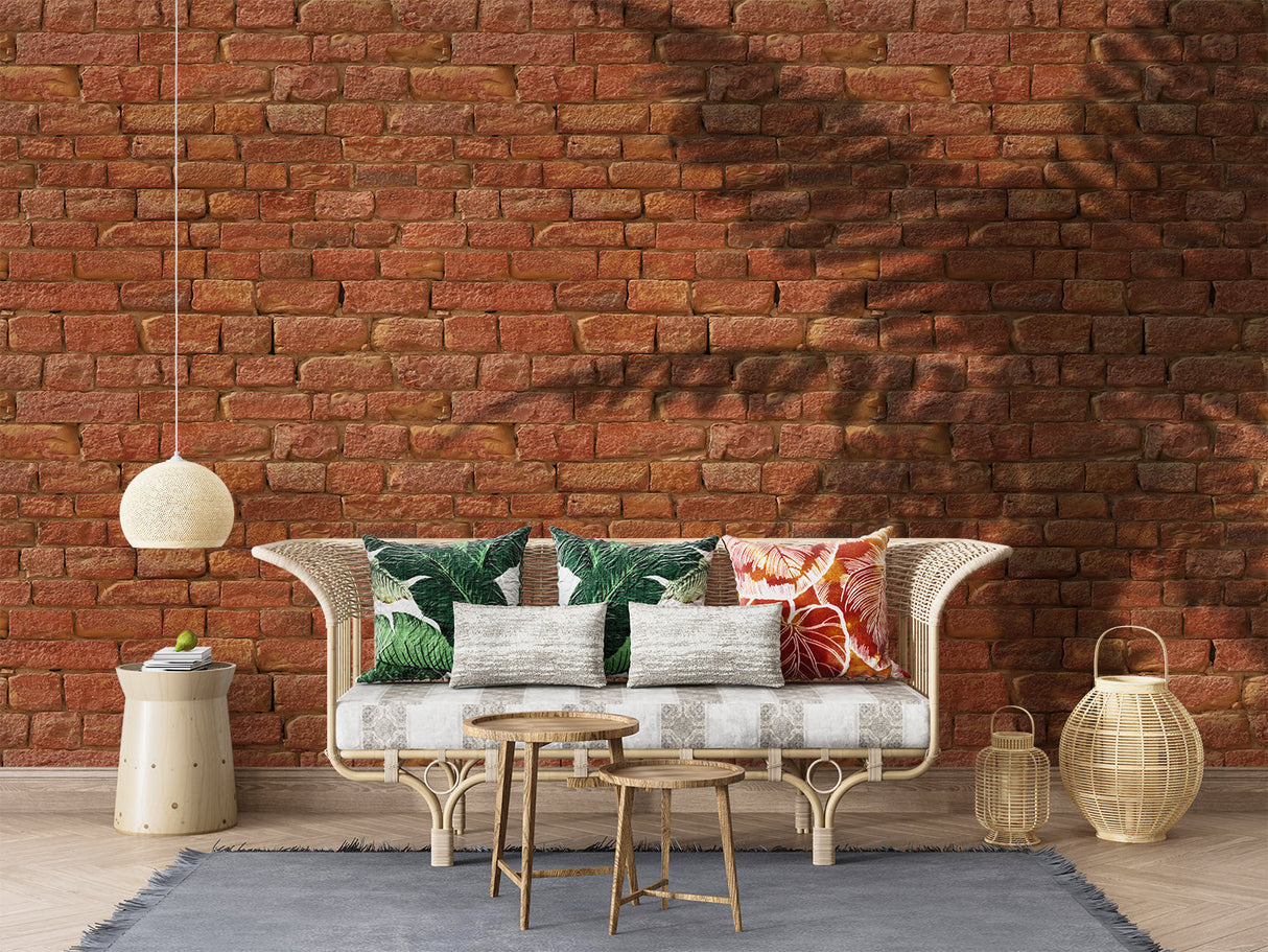Industrial brick wall mural showcased in a contemporary home office setting