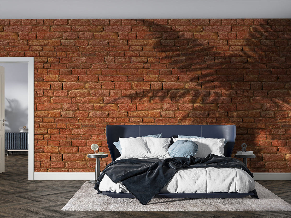 Brick effect wallpaper bringing texture to a trendy coffee shop interior