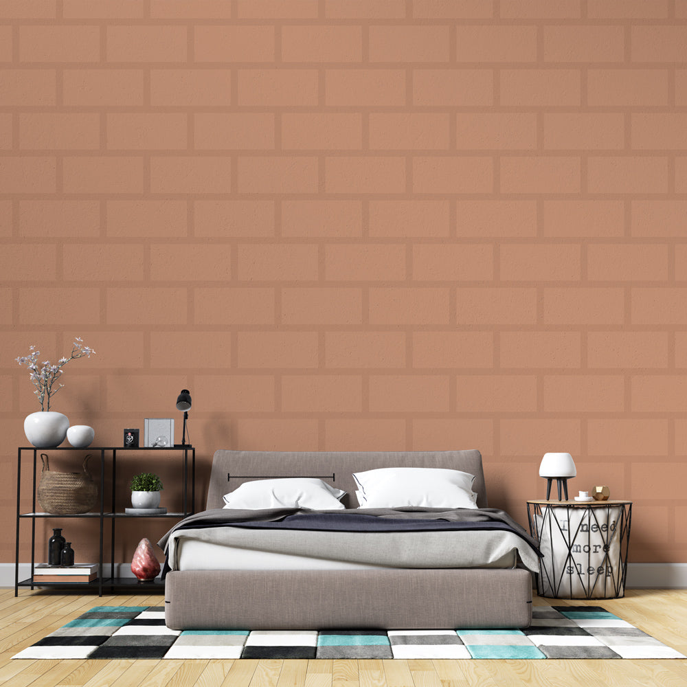 Modern Terracotta Brick Wallpaper creating a stunning accent wall in a bright contemporary living room with minimal furniture