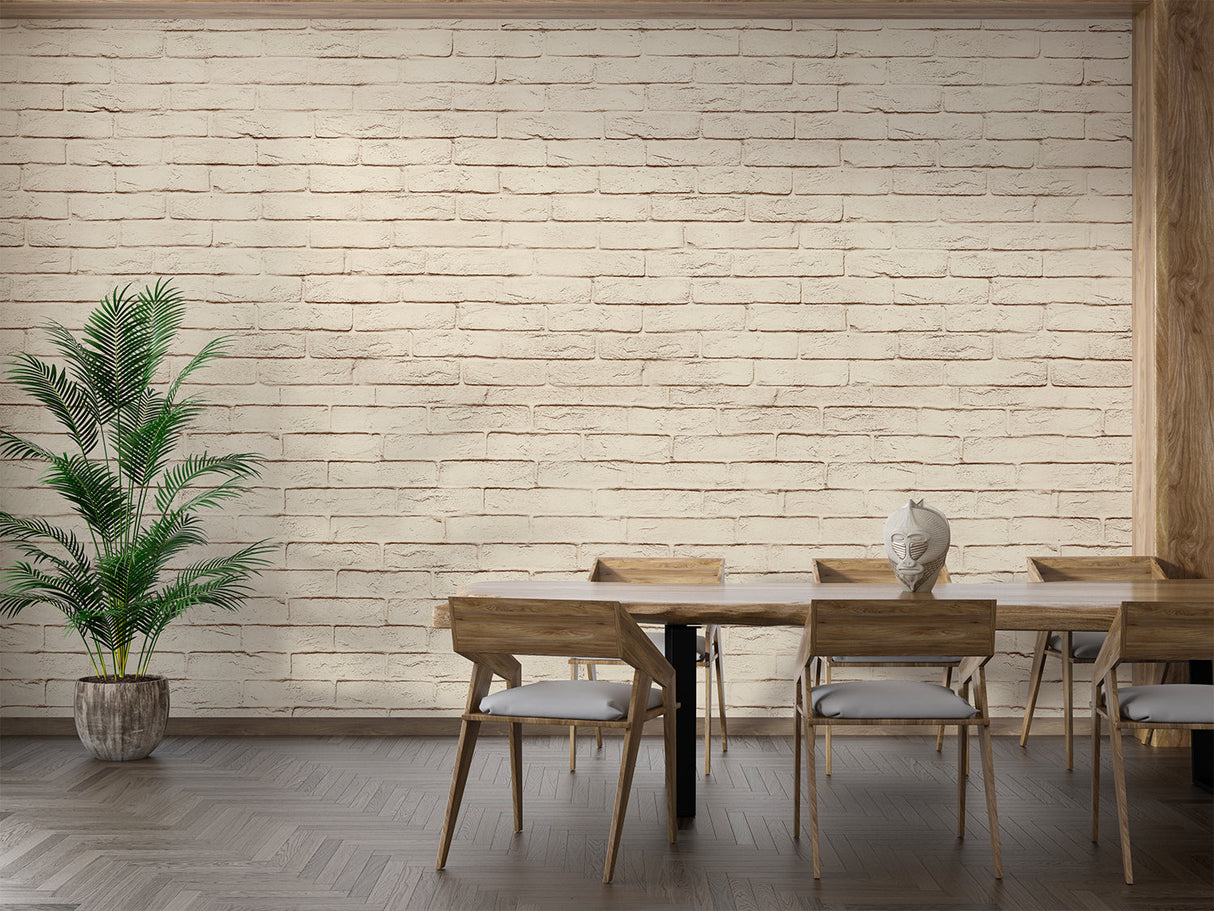 Beige brick wallpaper in modern living room creating warm, textured accent wall