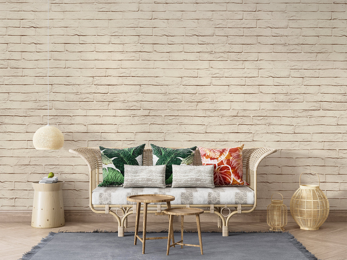 Textured brick wall mural in cozy bedroom showcasing neutral tones