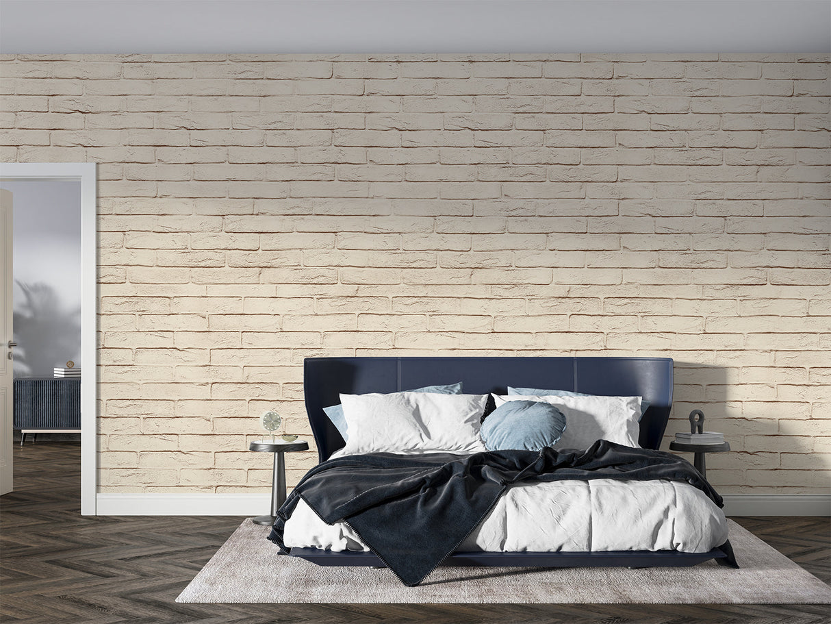 Beige brick texture wallpaper in home office setting