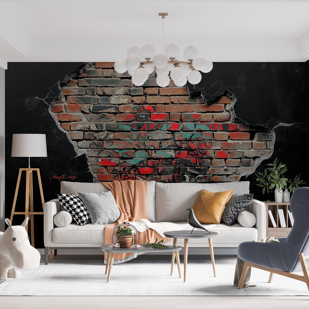 Industrial brick wallpaper with graffiti art displayed in a modern loft living room with high ceilings