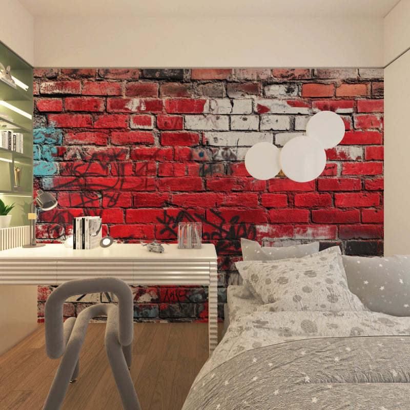 Urban brick wall mural with red graffiti design styled in industrial living room