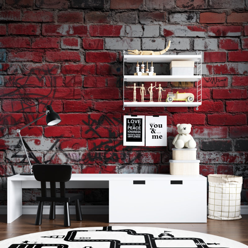 Street art brick wallpaper creating accent wall in game room