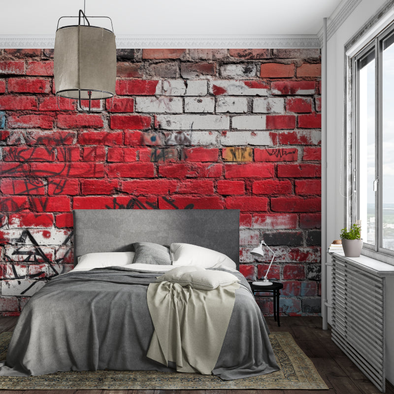 Red brick graffiti mural wallpaper installed in modern office space