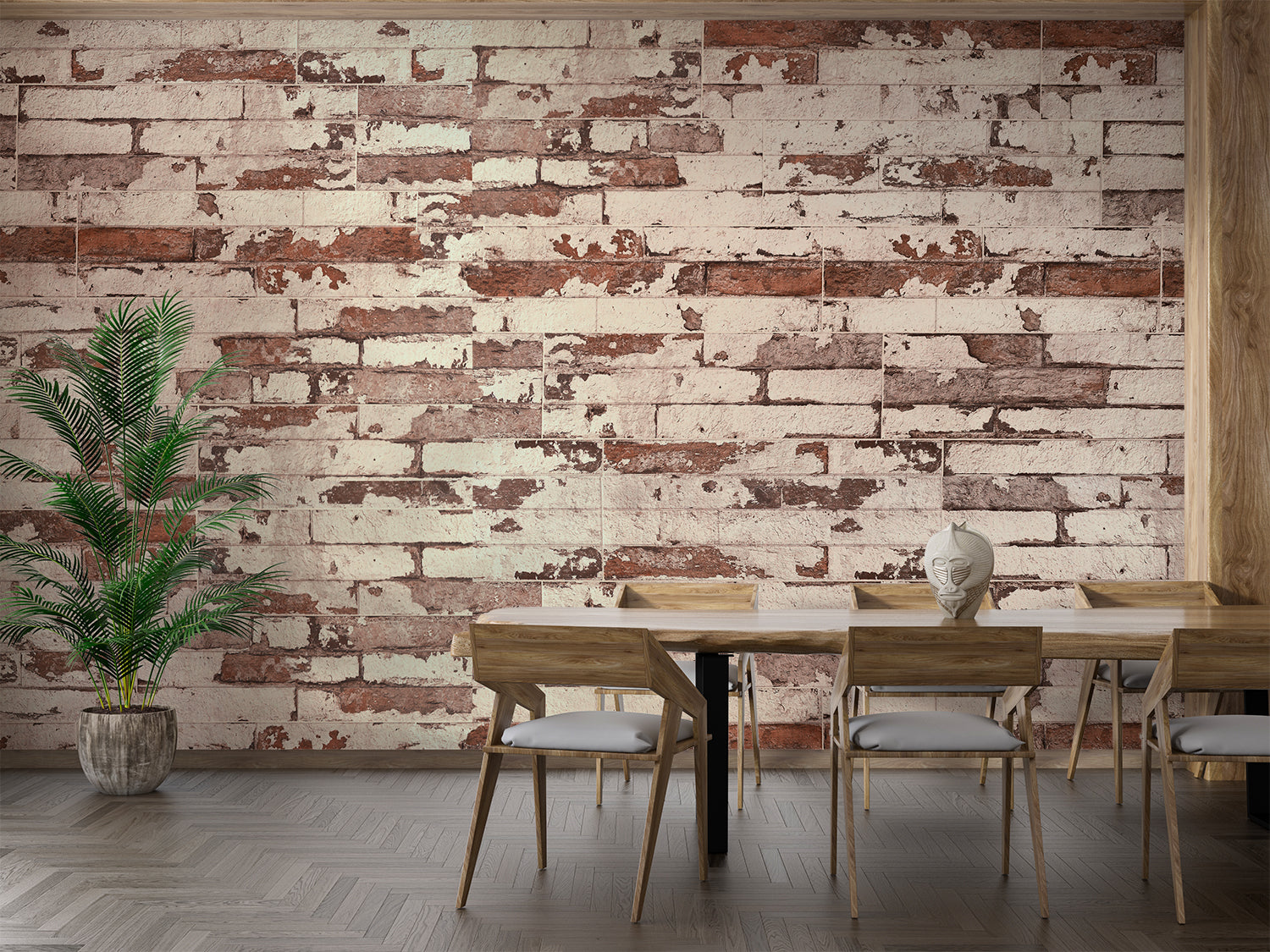 Rustic brick wallpaper creating urban atmosphere in home office space
